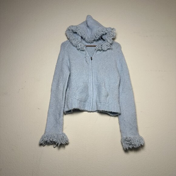 VTG Bebe Hoodie Women L USA Made Light Blue Tweed Fall Winter Cute 90s Fall Cozy - Picture 1 of 11